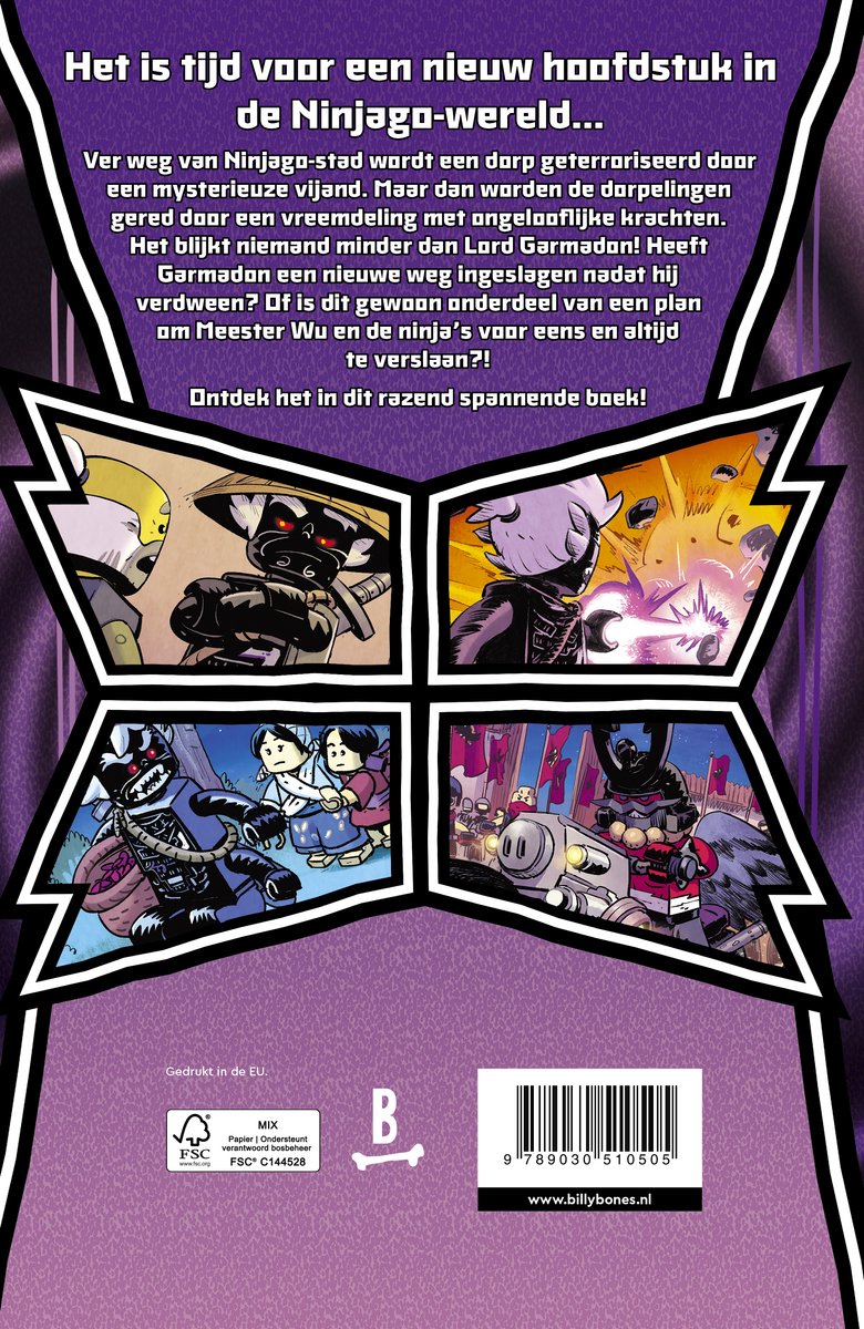 Vier panelen met illustraties van Ninjago-personages, waaronder Garmadon met een grote hoed.