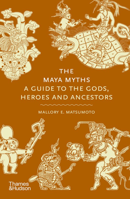 Couverture de livre avec des illustrations mayas et le titre 'The Maya Myths: A Guide to the Gods, Heroes and Ancestors' par Mallory E. Matsumoto.