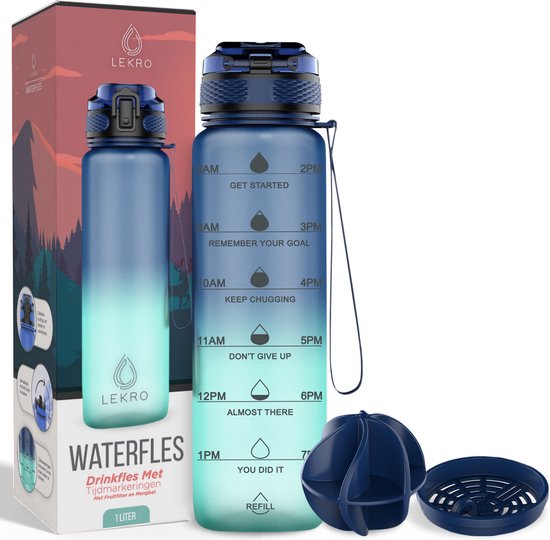 Lekro waterfles 1 liter – tijdmarkeringen – fruitfilter – blauw
