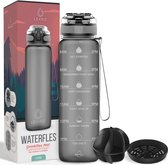 Bouteille d'eau 1 litre - Bouteille avec marqueurs de temps - Sans BPA - Avec filtre à fruits et boule de mélange - Grijs