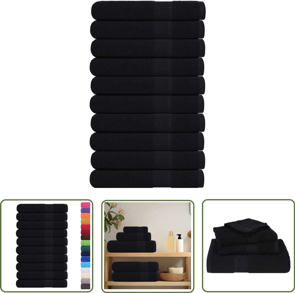 The Living Store Handdoeken 10 st 100x200 cm 360 g/m² 100% katoen zwart - Zwabber - Handdoek - Badlaken - Katoen Handdoek - Grote Handdoek