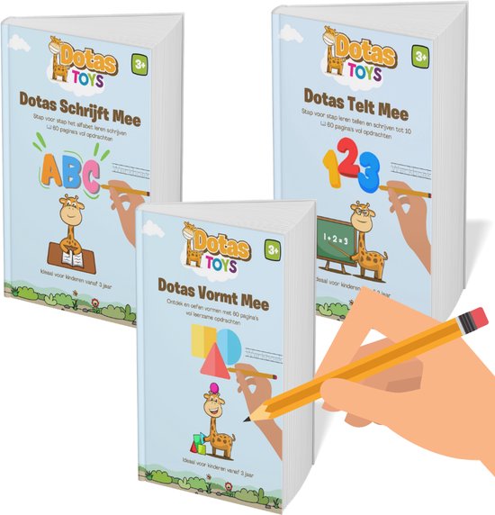 DotasToys® 3-in-1 Leren Schrijven Schrijfbundel - Alfabet Letters, Vormen & Cijfers Oefenboek - 180 oefenblaadjes incl. Potlood met gum - Activiteitenboek voor Peuters en Kleuters