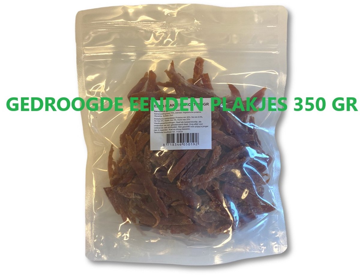 I am gedroogde eendplakjes 350 gr voor honden vanaf 4 maanden- als tussendoortje of... 92% eend