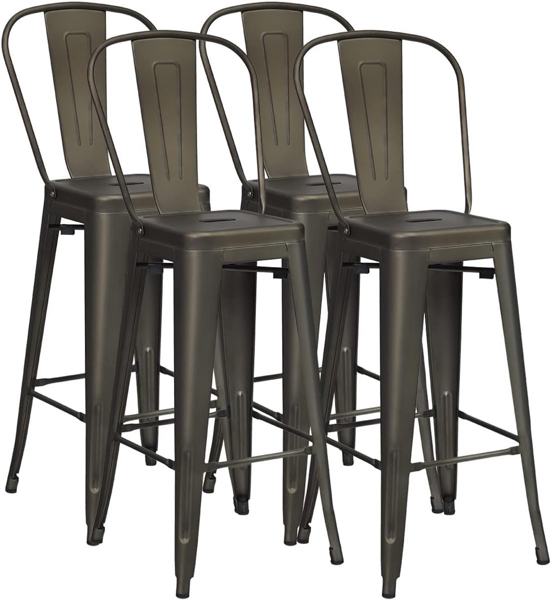 Costway Set van 4 barkrukken, barstoel, vintage stapelbaar, zithoogte 76 cm, barkruk met afneembare rugleuning en voetkussens, bistrostoel, keukenkruk van metaal, tot 150 kg belastbaar Brons