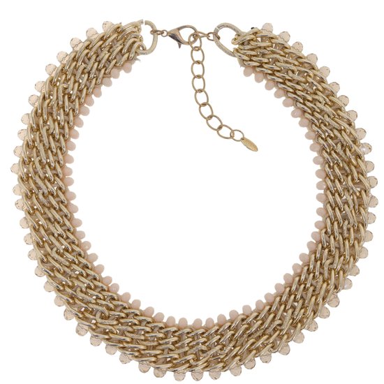 Behave - Statement ketting dames – goud kleur met bruine en roze zalmkleurige facet kraaltjes – 45 + 7 cm