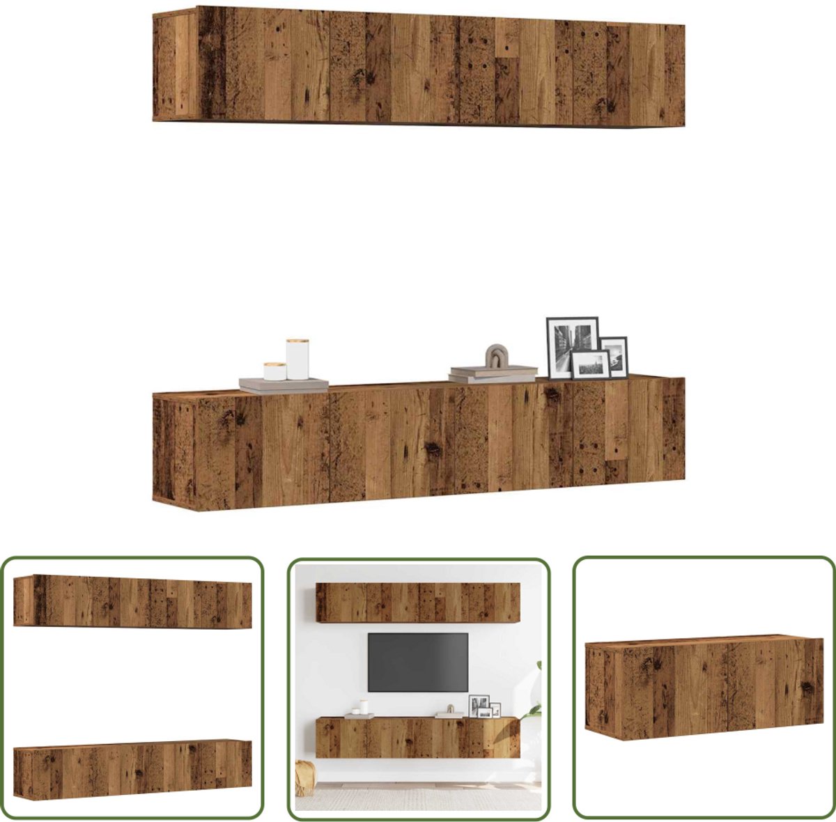 vidaXL Kast - Tv Meubel - Tv-wandkasten 4 st bewerkt hout oud houtkleurig - Houten Kast - Media Kast - Wandmontage