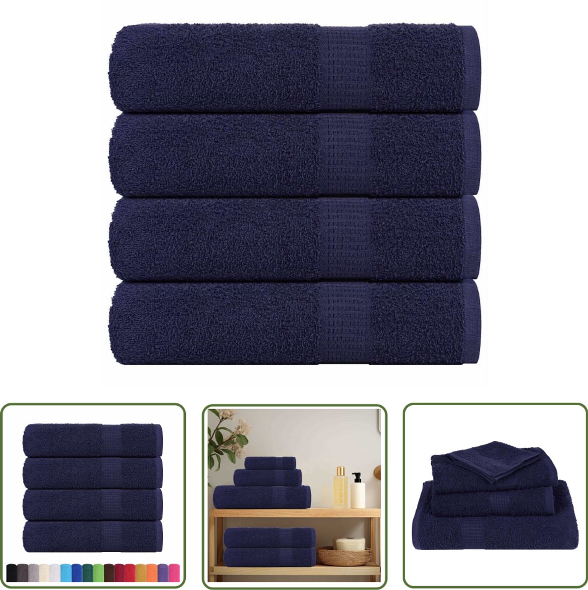 The Living Store Handdoeken 4 st 50x100 cm 360 g/m² 100% katoen marineblauw - Badhanddoeken - Handdoeken Set - Katoenen Handdoeken - Blauwe Handdoeken - Ring Gesponnen Katoen