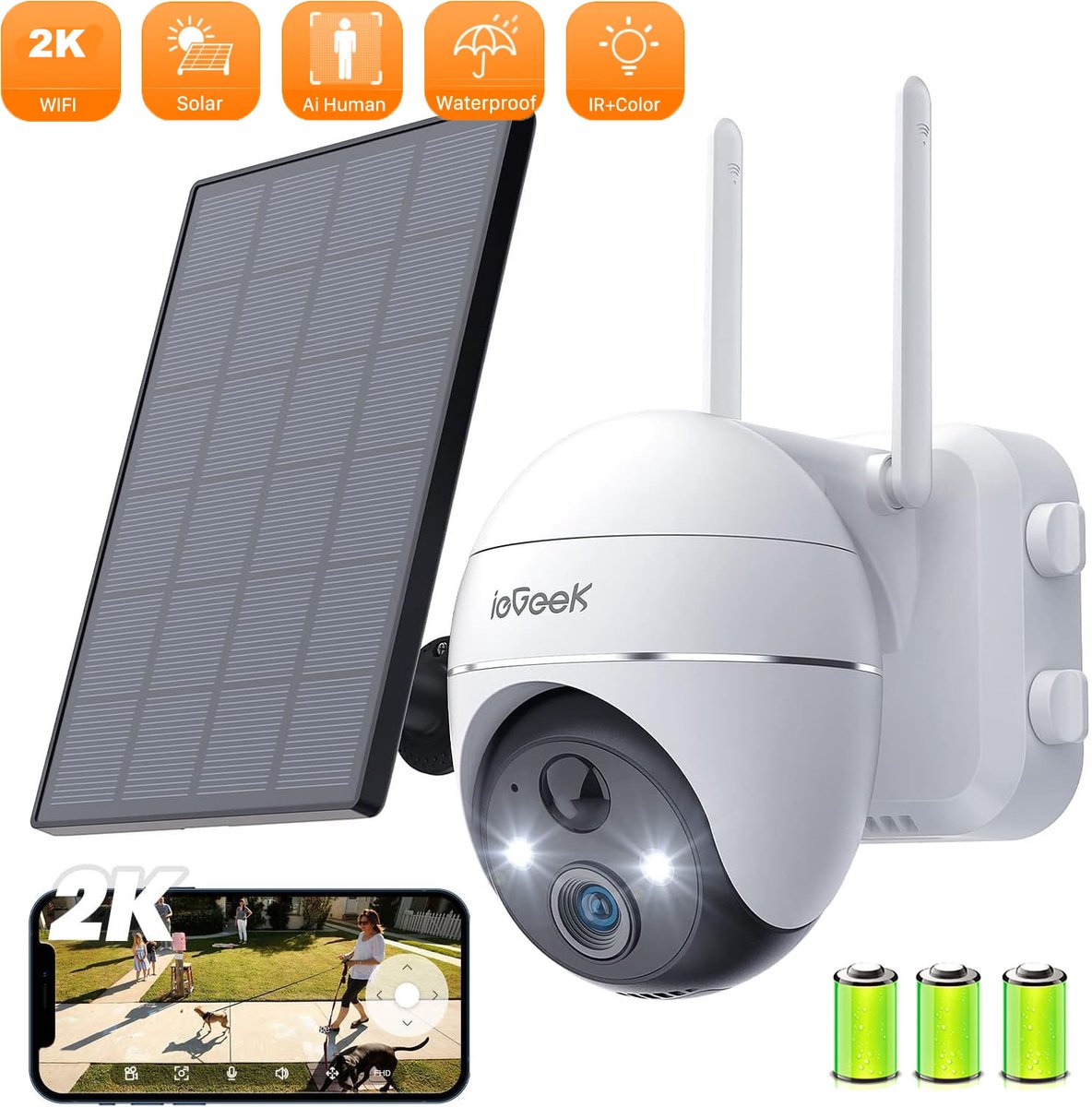 ieGeek Beveiligingscamera Buiten, 2K Draadloze WiFi 360° PTZ-camera, Bewakingscamera op zonne-energie met Spotlight/Sirene/Bewegingsdetectie/3MP Kleur Nachtzicht, Compatibel met Alexa