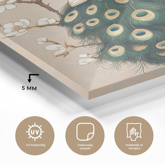 MuchoWow® Peinture sur verre 60x80 cm - Peinture sur verre acrylique - Paon - Branche - Fleurs - Photo sur verre - Décoration murale salon - Décoration murale chambre - Peintures