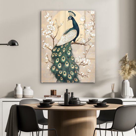 MuchoWow® Peinture sur verre 60x80 cm - Peinture sur verre acrylique - Paon - Branche - Fleurs - Photo sur verre - Décoration murale salon - Décoration murale chambre - Peintures