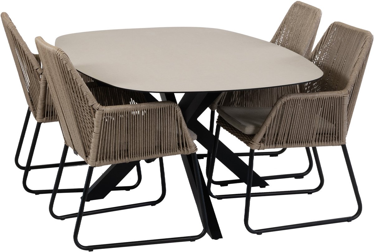 5-delige tuinset | 4 Mona tuinstoelen (Sand) | Tuintafel Malaga 180x115cm (Black)