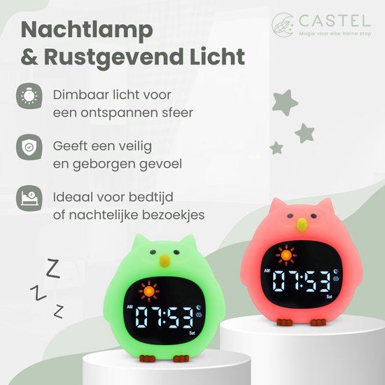 Castel Kinderwekker en Slaaptrainer Uil - Digitale Wekker met White Noise, Nachtlamp, Dimbaar LED Display en Instelbaar Meerkleurig Licht - USB Oplaadbaar van castel — afbeelding 5