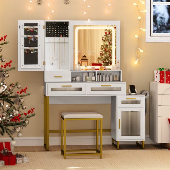Coiffeuse blanche décorée pour Noël, avec miroir à led, armoire à bijoux et tabouret.