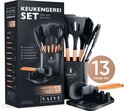 Ensemble d'ustensiles de cuisine VAIVE de 13 pièces avec support, spatules en silicone et bois. La boîte montre le contenu.