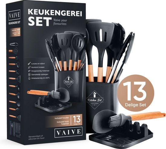 Ensemble d'ustensiles de cuisine VAIVE de 13 pièces avec support, spatules en silicone et bois. La boîte montre le contenu.