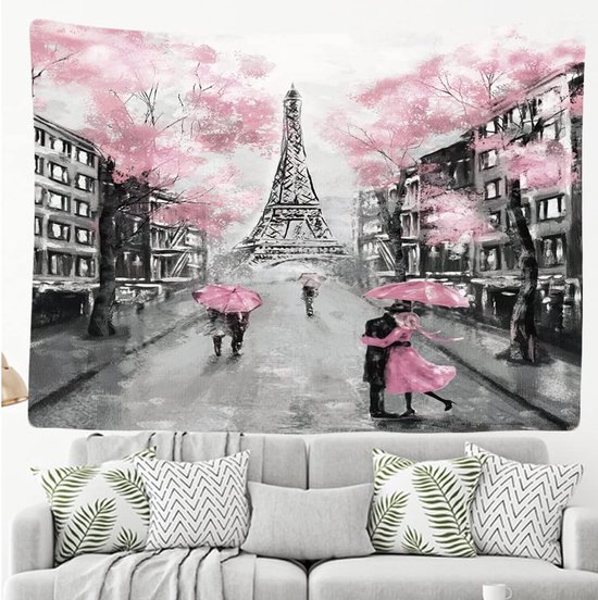 Ulticool - Paris Tour Eiffel Zwart Wit Rose Vintage Blossom - Tapisserie - 200x150 cm - Groot tapisserie - Affiche