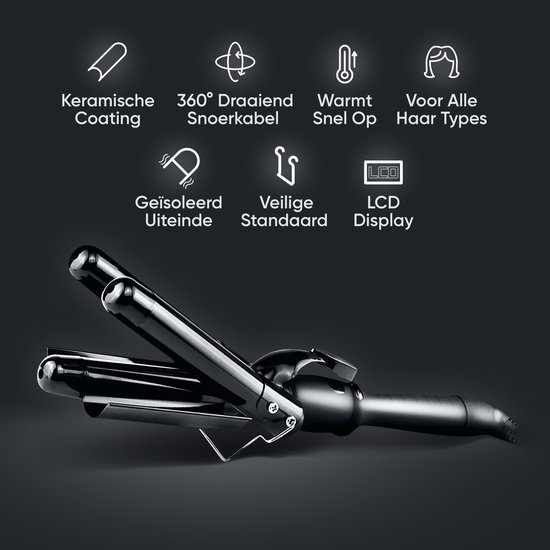 Zwarte 3-staps wafeltang met keramische coating, 360° draaibare snoer, warmtesnel op, voor alle haartypes, geïsoleerd uiteinde, veilige standaard en LCD-display.