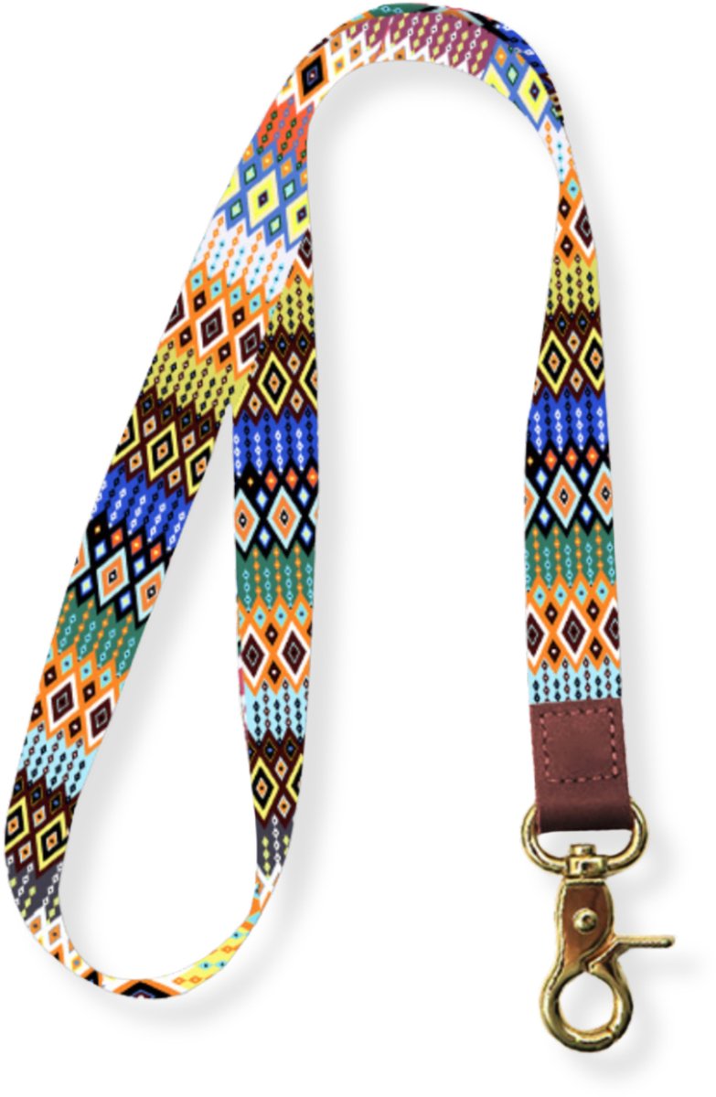 Travel Cords - Keycord Kelim Spring Colors - lanyard - draaglengte 45 cm - leer - metaal - canvas - sleutelkoord - karabijnhaak goudkleurig - sleutels - pasjes - telefoon