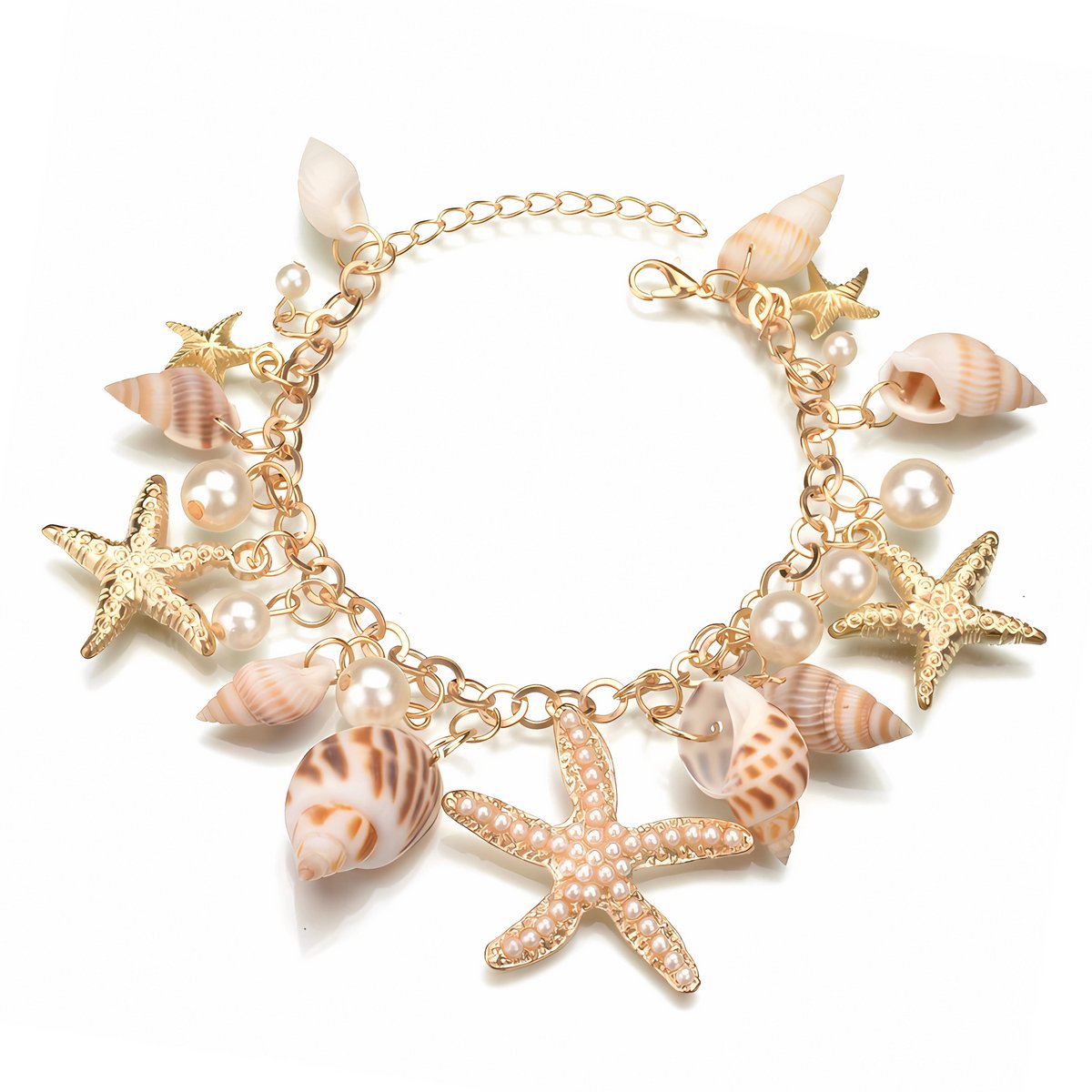 Innerlight® Coastal Charm - Gouden Schelpenarmband met Parels & Zeesterren - Armband - Goudkleurig - Parels - Zeesterren - Schelpenarmbanden