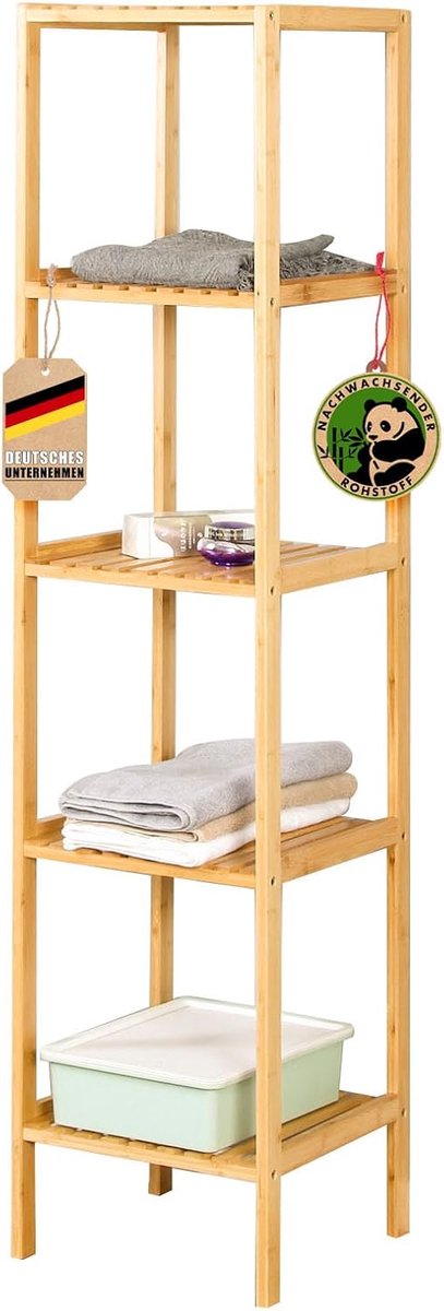 FLOORDIREKT Bamboe Plank Lowa - Smalle Staande Plank voor Badkamer, Slaapkamer, Woonkamer - Houten Plank met 5 Planken - Plankafmeting 34 x 33 x 146 cm