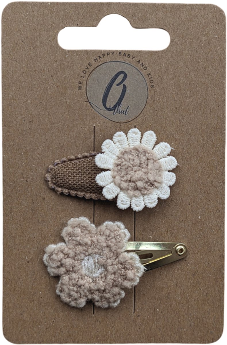 Ootje Kadootje Babyhaarclipjes - Bloem Bruin/Zand Bouclé - 2 stuks