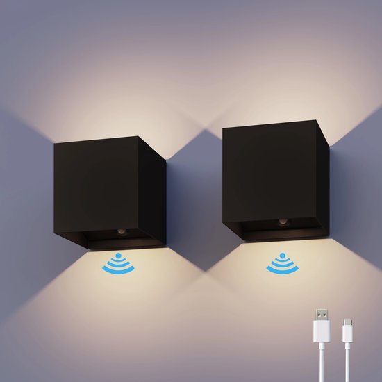 Foto: Calex oplaadbare wandlamp kubus 2 stuks up down tuinverlichting modern design warm wit licht voor binnen en buiten waterdicht eenvoudige installatie draadloos usb c oplaadbaar bewegingssensor zwart