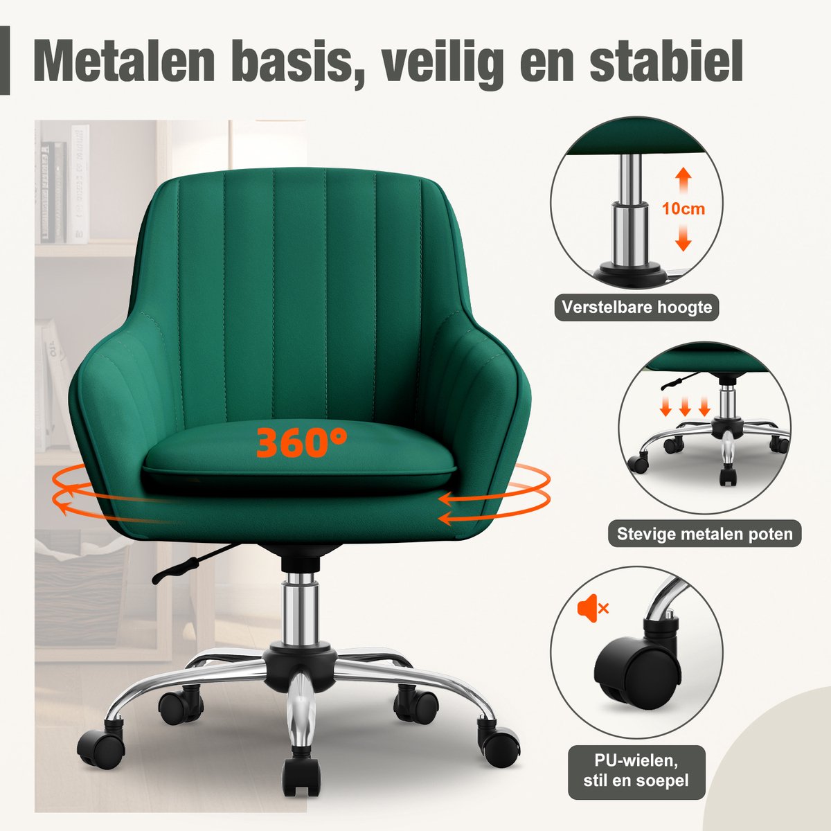 Hiaonyx Bureaustoel-Ergonomische bureaustoel-bureaustoelen voor volwassenen-Dubbel gelaagd zitkussen-360 graden draaibaar-Metalen onderstel-Donkergroen thumbnail 5