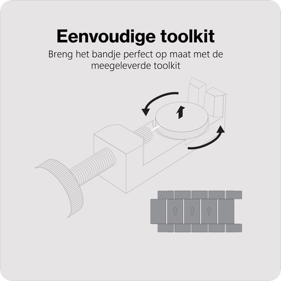Een toolkit om een horlogebandje in te korten, met schroefdraad en een draaiknop om schakels te verwijderen.