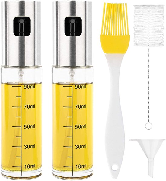 SHEGZHUC Olijfoliesproeier voor het koken van glas, 200 ml olijfoliedispenser, fles bruin, spuitflessen, oliedispenser voor keuken, keukengadgets voor salades, grillen met 3-in-1 dopborstel en