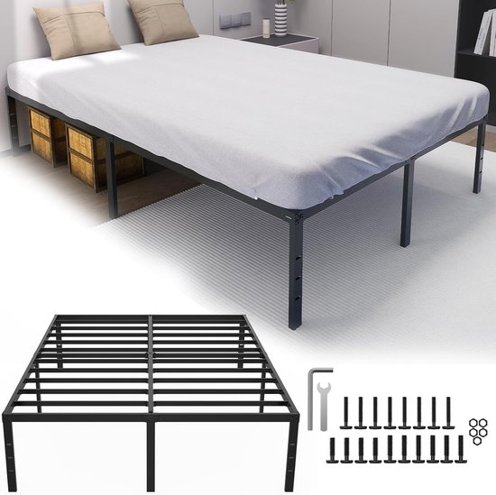 NAIZY 140 x 200 cm, ijzeren bedframe, hoogte 37,5 cm, tweepersoonskamer met lattenbodem en opbergruimte onder het bed, metalen bedframe, belastbaar tot 270 kg, inklapbaar bed voor slaapkamer en