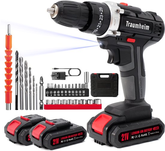Accuschroevendraaier, accuboormachine set, klopboormachine, accuboormachine, 48VF met 2x 1500mAh accu, 45Nm Max. koppel, Professionele snellader