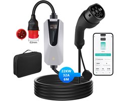 Junsun EV Mobiele Thuislader 22kW met APP - Laadkabel Type 2 - 2 Jaar garantie - 32A 3-fase 6M Laadkabel - 400V EV-oplader met LCD Digitaal Display - IP65 Regenbestendig - Geschikt voor Elektrische Auto's – Incl. luxe tas
