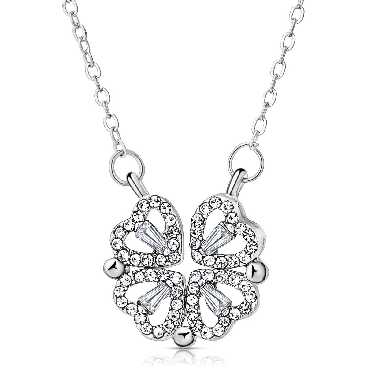 Juwelium Klavertje Vier Love Ketting Verstelbaar 42 tot 47 cm met Zirkonia Kristallen in Luxe Sieradendoos met Rozen en Rozenbeer van 25 cm in Cadeauverpakking – Perfect Cadeau voor Vrouw, Vriendin, Moeder, Dochter