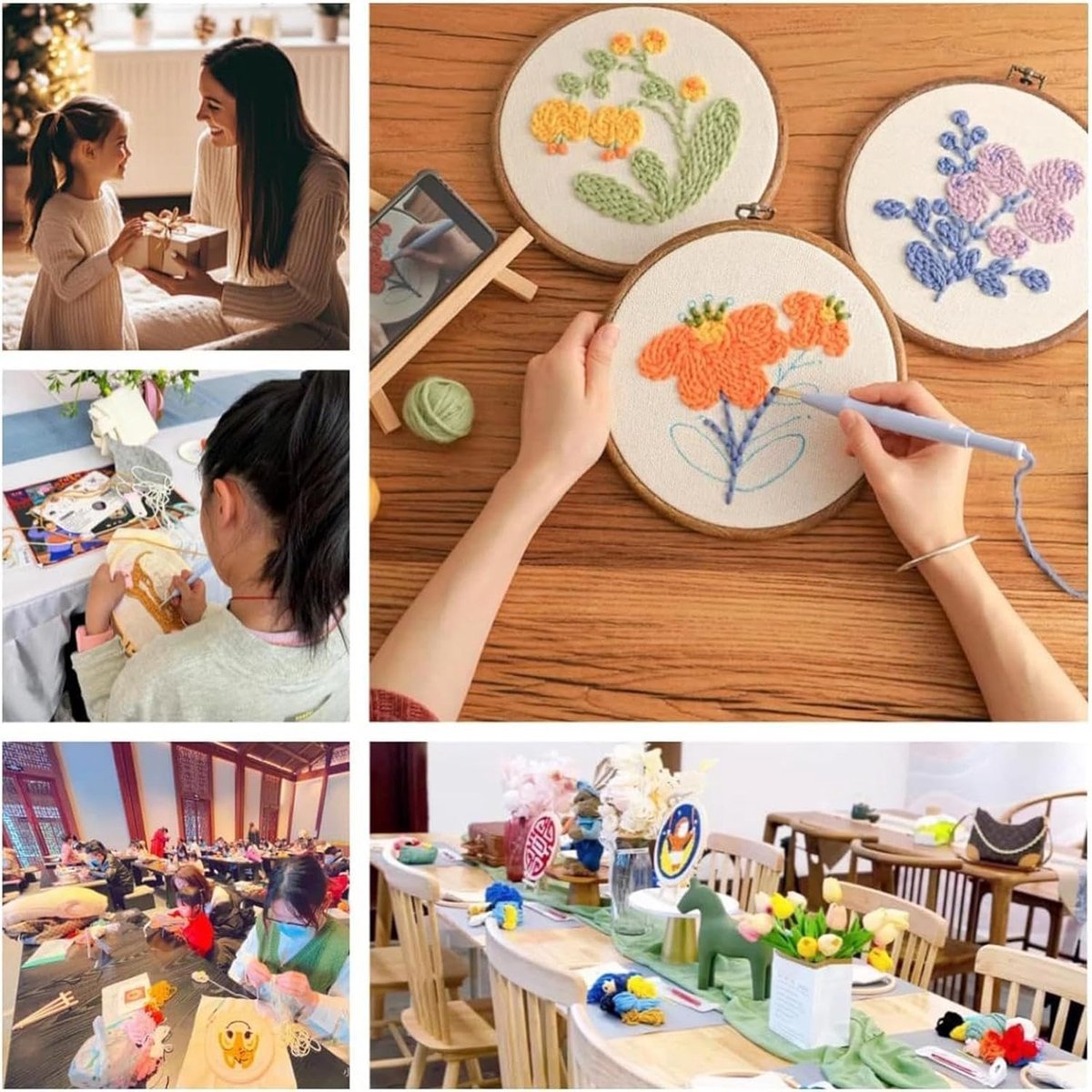 Punch Needle Embroidery Kit, Beginner Stitching Set with Sheep Pattern, Handmade Embroidery, Fabric, Hoop, Yarn & Threader for Arts & Crafts, 18cm, 120g