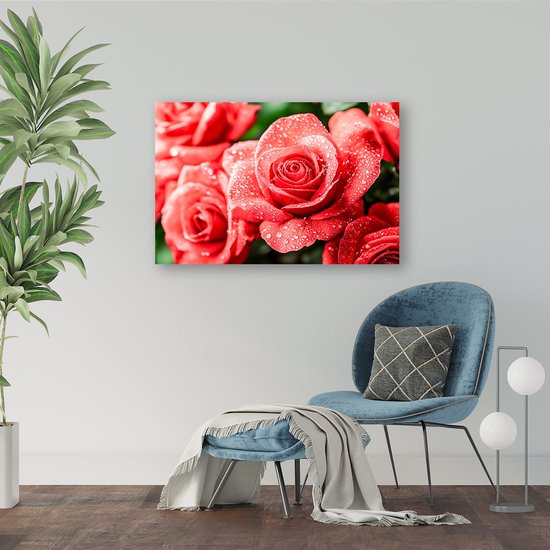 Rode rozen met waterdruppels - Rozen posters - Wanddecoratie roos - Hyperrealisme - Woonkamer posters - Decoratie kamer - Poster 40x30 cm