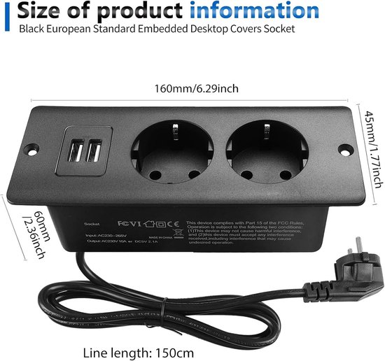 Tafelblad Verzonken Stopcontact - 2-Voudig Met USB en Type C, Meervoudig Inbouwstopcontact voor Bureau, Kantoor, Keuken - Wit