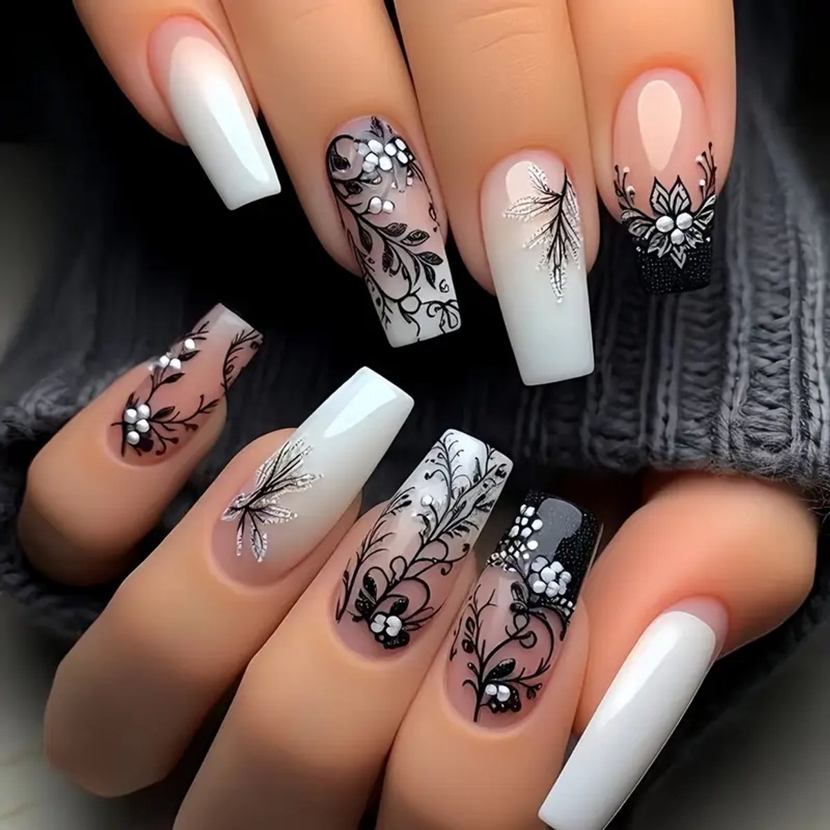 Press on Nails - Plaknagels - wit/zwart bloem- 24 stuks - medium lang