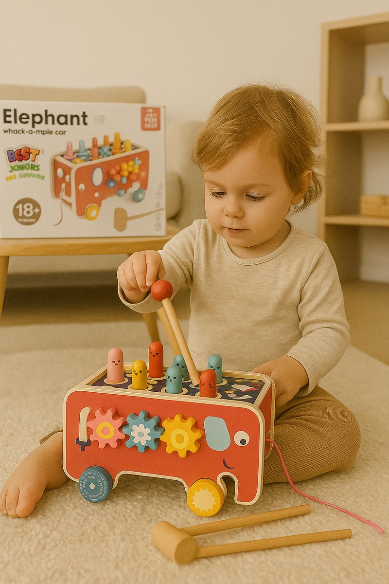 Houten Olifant Karretje – Educatief Muziek- en Motoriek Speelgoed (18 maanden+) – Whack-a-mole, Xylofoon & Trekkoord — afbeelding 3