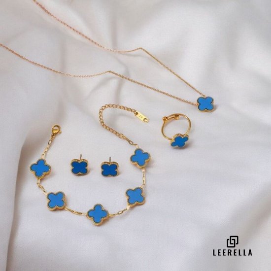 Parure de bijoux de Luxe Leerella Clover Blauw : collier, bracelet, Boucles d'oreilles et Ring ajustable
