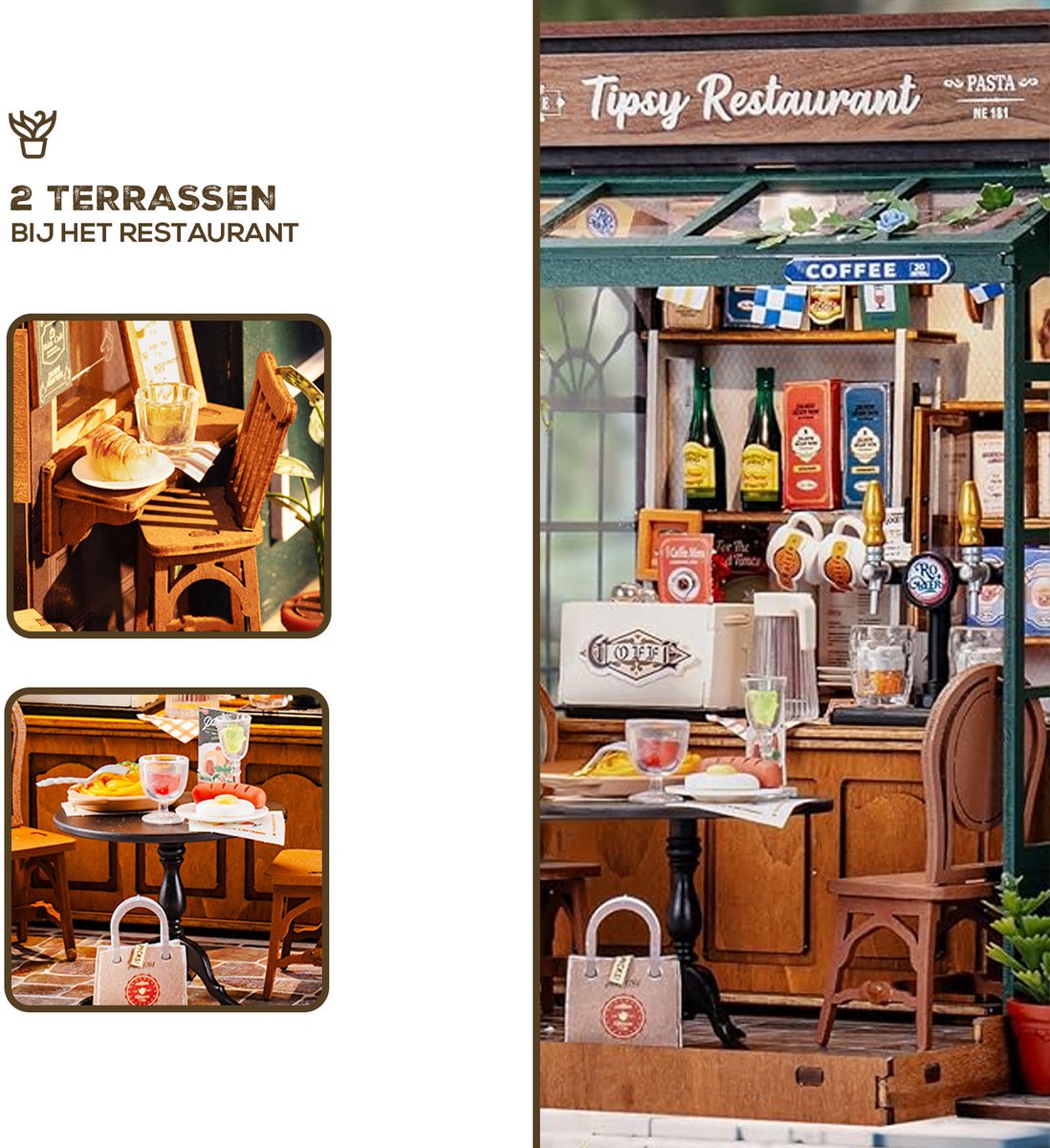 Robotime Rolife Tipsy Restaurant - DG167 - Rolife - DIY Miniatuur - Knutselen - Miniatuurhuisje — afbeelding 4
