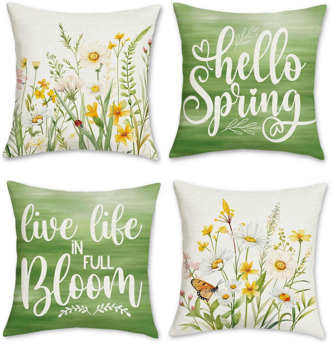 Ibenzoa Set van 4 Decoratieve Kussenhoezen met Lente Bloemenmotief in Geel en Groen voor Binnen en Buiten