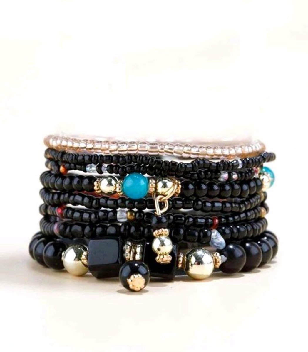 Armbandenset- Dames Armbanden- Kralenarmband 8 stuks - Zwart- Ibiza Boho armbanden- Vrouw- LiLaLove- Moederdag