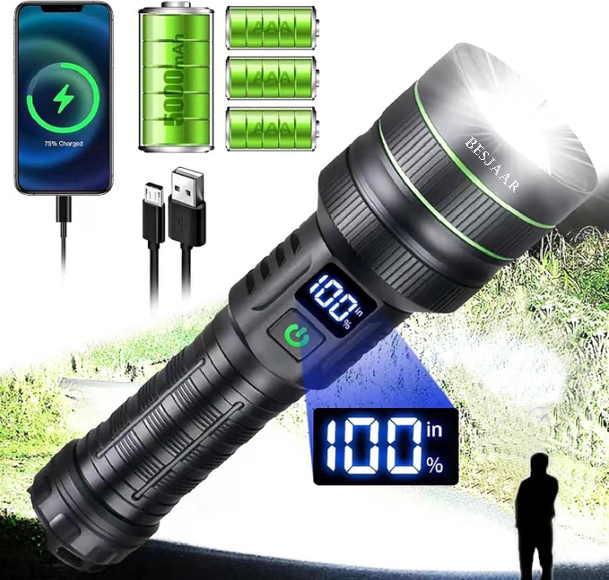 Besjaar® Zaklamp LED Oplaadbaar - Zaklamp - 5200mAh Batterij - 10000 Lumen - USB-C Oplaadbaar - Militaire Zaklamp - Zaklamp Militaire - IP65 Waterdicht - Noodpakket