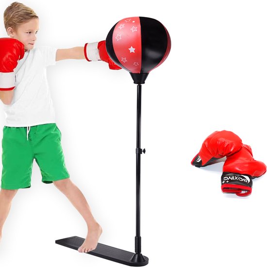 Zoluko Boksbal op Standaard voor Kinderen - Incl. Bokshandschoenen en Opblaaspompje - Verstelbaar in Hoogte - Voor Binnen en Buiten - Boksbal op Voet - Bokstrainer – Bokspaal - Boksset Kinderen - Boksbal Staand - Boxing - Thuis sporten - Zwart/Rood