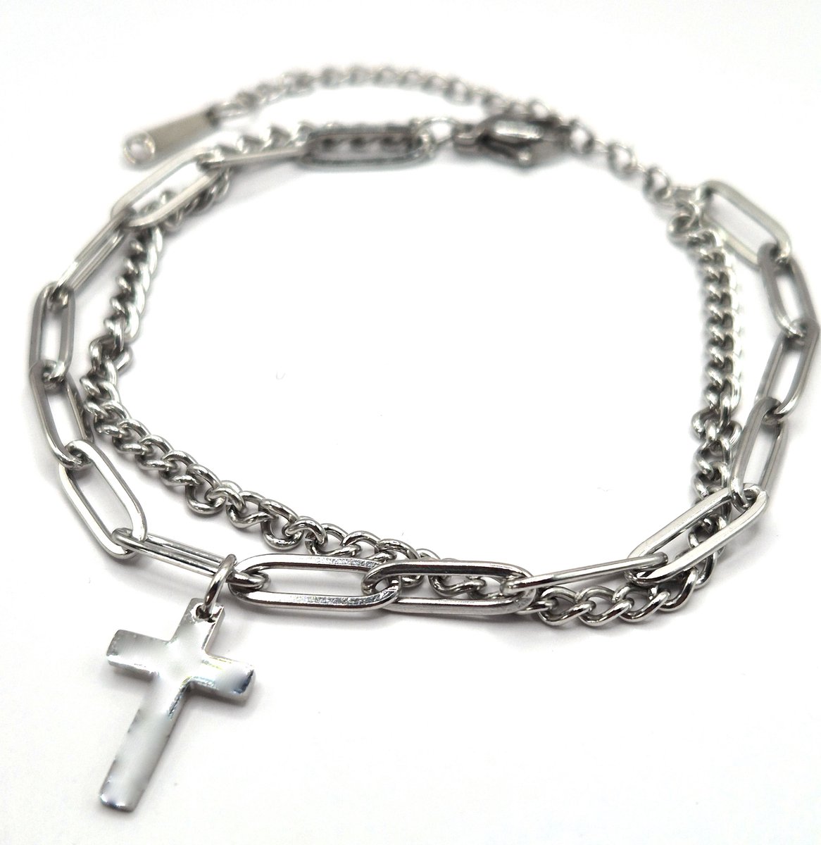 Dames Armbanden Staal- Zilveren Armbanden- 2 stuks- RVS Stainless Steel- Kruisje Armband Vrouw- Schakelarmband- Armbandenset- Moederdag