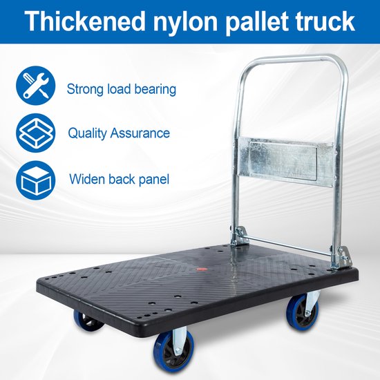 Zwarte plateauwagen met metalen handvat en blauwe wielen, met iconen voor sterk draagvermogen.