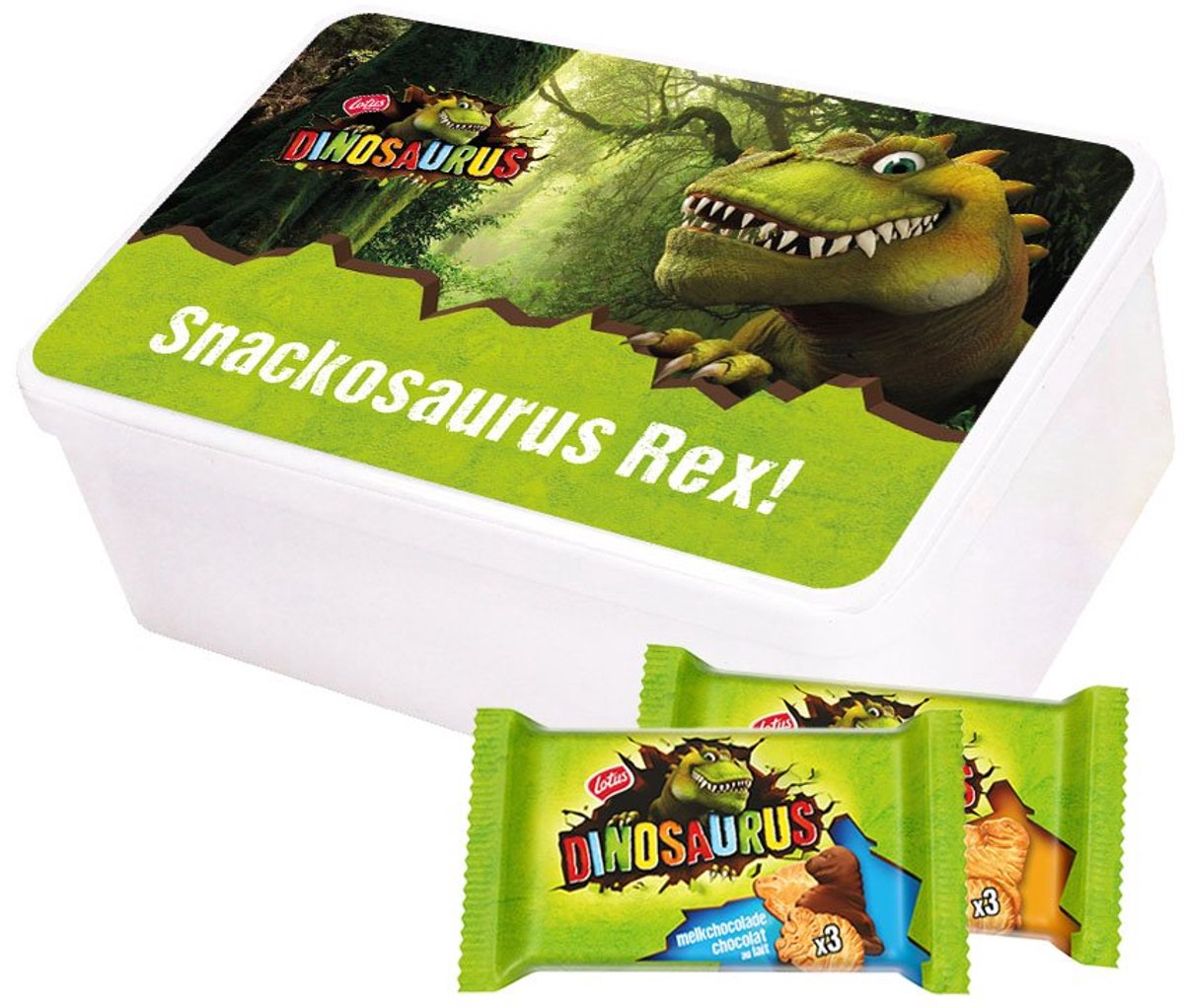 Lotus Dinosaurus collection box - "Snackosaurus Rex!" - 8 koekzakjes - koekjesdoos met Lotus Dinosaurus koeken - koek natuur & koek met chocolade - kinderkoeken - 401g