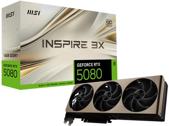 MSI NVIDIA GeForce RTX 5080 16G Inspire 3X OC - Videokaart - 16GB - GDDR7 - PCIe 5.0 - 1x HDMI 2.1b - 3x DisplayPort 2.1a