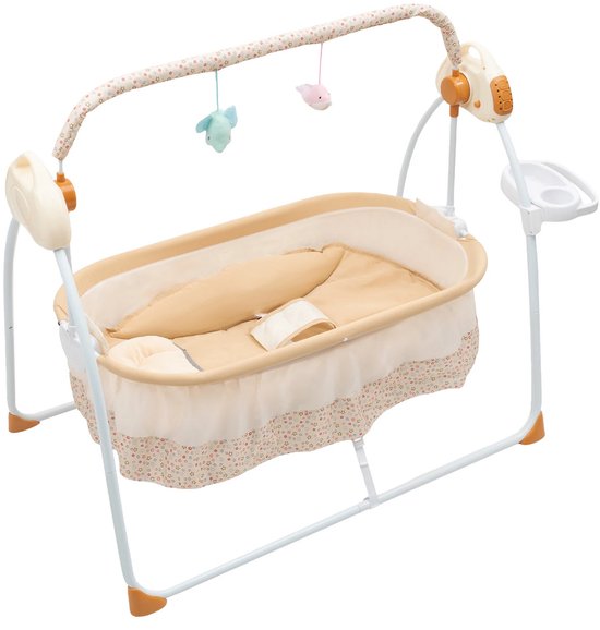 Witte en beige elektrische babymand met speelgoedbalk, muziekpaneel en klamboe. De mand heeft een bloemenprint aan de onderkant.