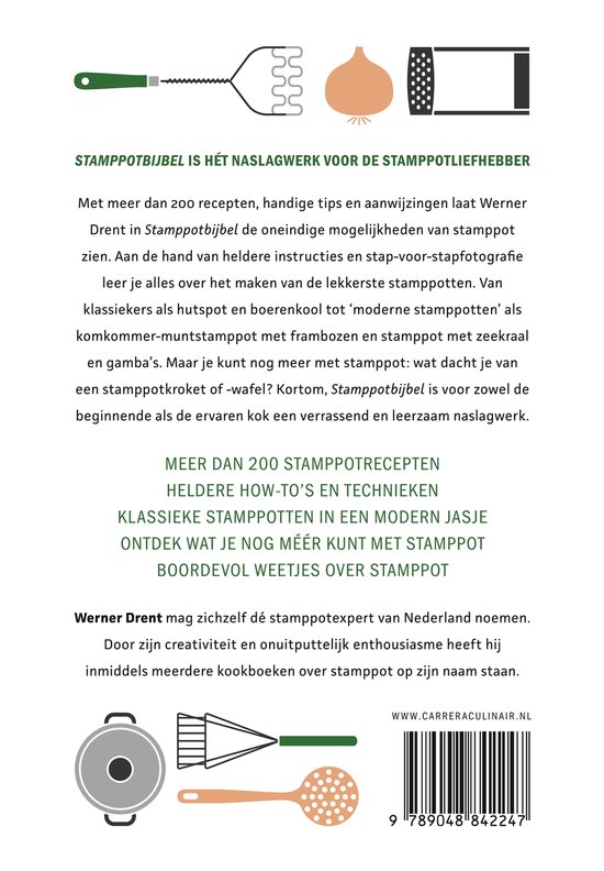 Kookboek "Stamppotbijbel" met recepten, tips en afbeeldingen van stamppot ingrediënten en kookgerei.